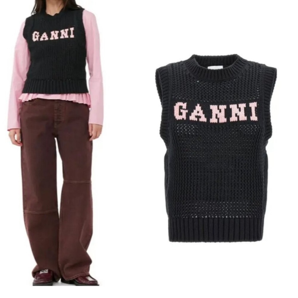 Ganni Black Knitwear with White Label